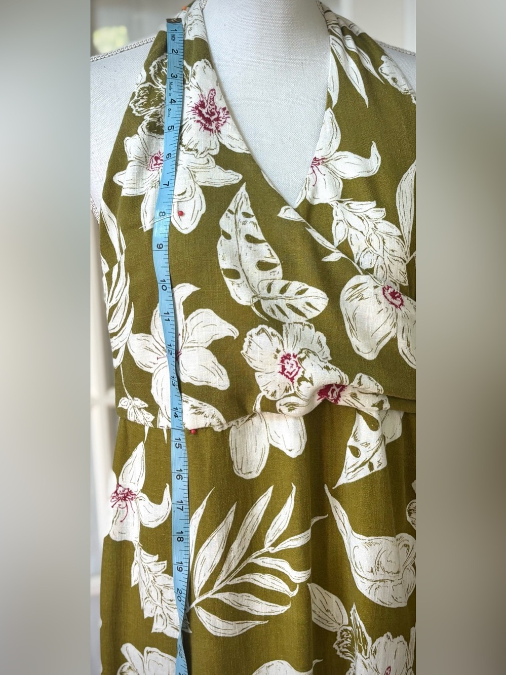 Zara Olive Floral Linen Blend Halter Twist Front Midi Dress L - Picture 10 of 12